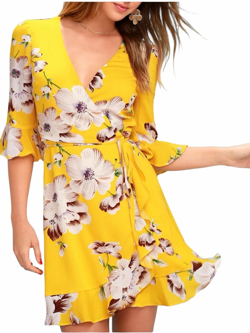 Lulus Yellow Floral Wrap Dress XS Ruffle Hem Cottagecore Wedding Guest